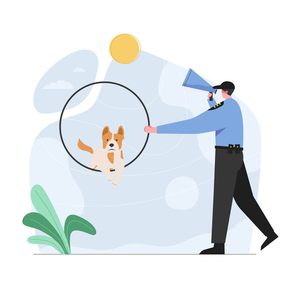 Policejní výcvik psů pro použití v záležitostech policejního oddělení pro použití v misích, jako jsou drogy, výbušniny. vektorová ilustrace plochý design - Vektor, obrázek