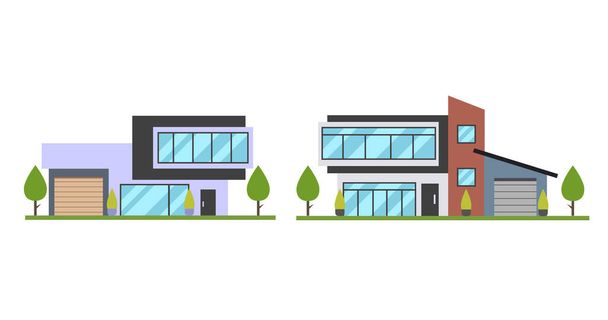 Set of House front cartoon in different styles residential houses, Facade apartment house and cottage. architecture retro and modern buildings. isolated flat vector illustration - Vector, Image