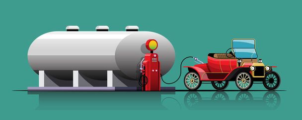 Vintage Car filling up at oil tank vector illustration - Vector, Image