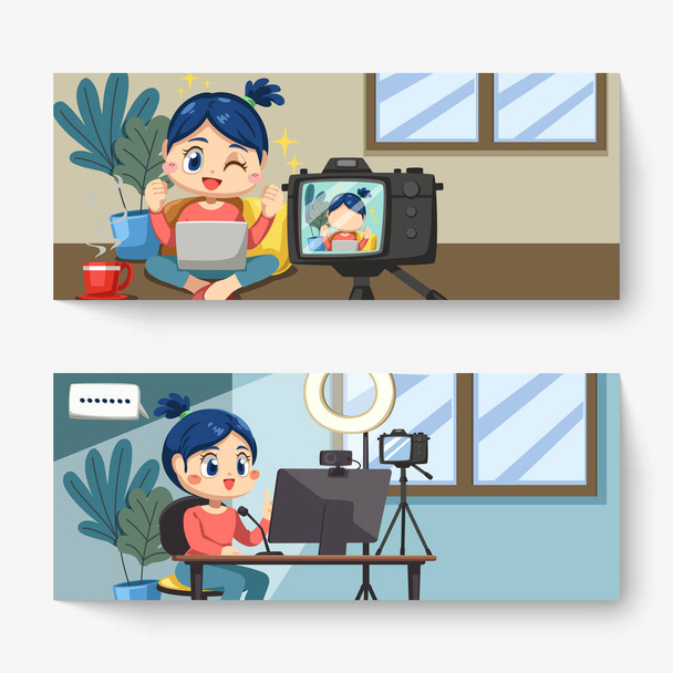 Establezca la bandera de la mujer blogger encantadora utilice el ordenador portátil y de escritorio que trabaja desde casa en el personaje de dibujos animados y la emoción diferencia, ilustración vectorial aislada - Vector, imagen