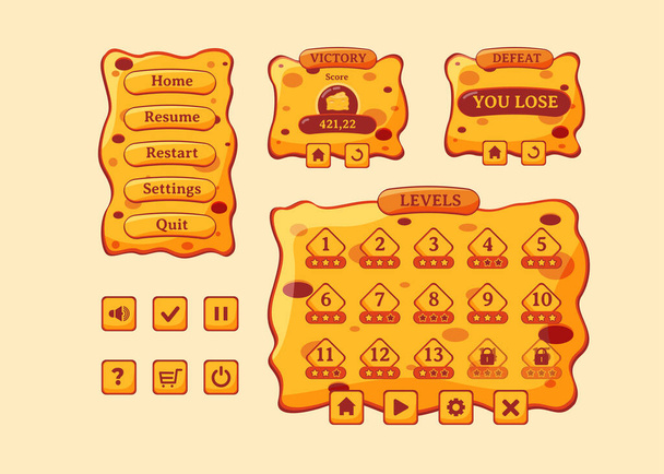 Дизайн для набора кнопок, иконок, окон и элементов для создания средневековых видеоигр RPG - Вектор,изображение