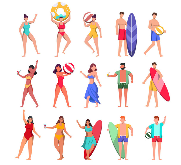 Пакет з 15 чоловічих і жіночих персонажів у купальних костюмах і позує з активами на білому тлі. Векторна ілюстрація плоский дизайн
 - Вектор, зображення