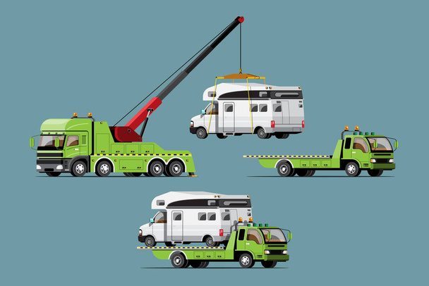 reboque carro caminhão veículo transporte reboque ajuda na estrada, design plano isolado vetor ilustração no fundo branco - Vetor, Imagem