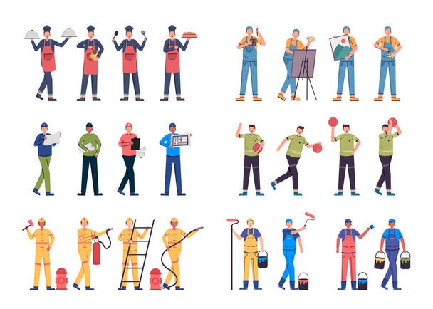 A variety of job bundles for hosting illustration work such as chef, artist, operator, sportsman, firefighter, painter - Vector, Image