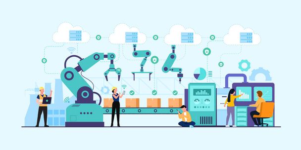 Industry 4.0 with programmer or human worker and robotic arm. Smart industrial revolution in factory process, Isolated flat vector illustration - Vector, Image