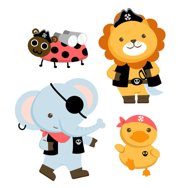 Набор милых животных с божьей коровкой, слоном, львом и уткой в пиратском костюме талисман смешной, милый мультяшный вектор иллюстрации - Вектор,изображение