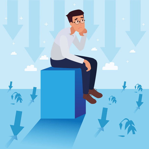 Sad young big isolated corporate man worried about failure & decreasing business, leadership success and career progress concept, flat vector illustration, business man. - Vector, Image