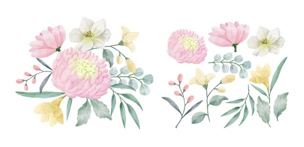 Un conjunto de flores pintadas con acuarelas para acompañar varias tarjetas y tarjetas de felicitación. ilustración vectorial diseño plano - Vector, imagen