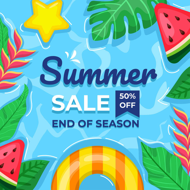Summer time banner. Aerial view of rippling waters, floating watermelons, leaves, stars and life buoy. There is a summer sale banner 50% off. Vector flat illustration - Vettoriali, immagini