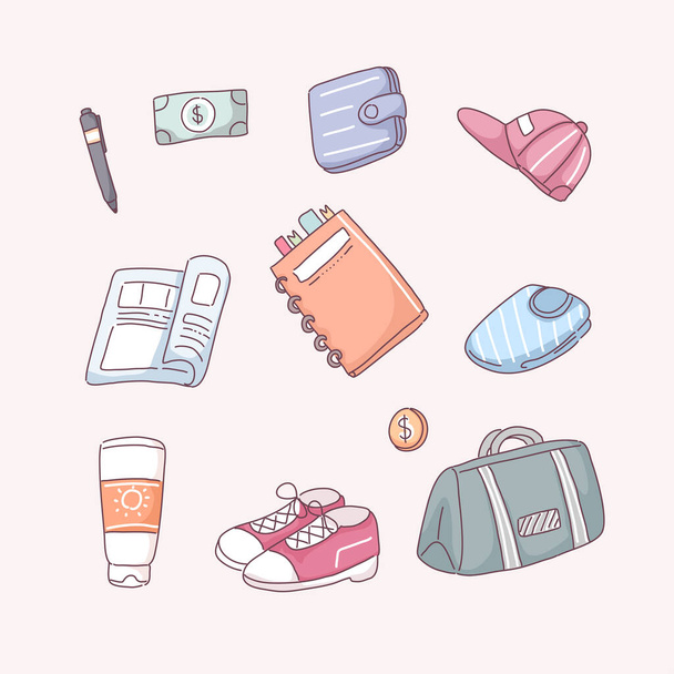 Set of Items used for tourism, collection of objects and accessories for outdoor recreation and journey in cartoon, flat vector illustration - Vecteur, image