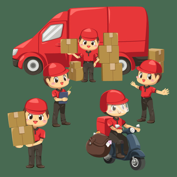 Delivery man wearing uniform and cap with parcel box use motorcycle and van for sending to customer in cartoon character, isolated flat vector illustration  - Vecteur, image