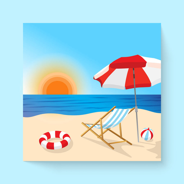 Landscape sea beach on summer with beach chair, umbrella ball and lifesaver in cartoon,  isolated flat vector illustration - Vettoriali, immagini