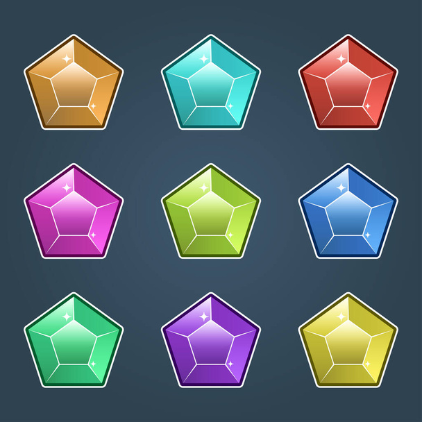 Colorful jewels set, gems and diamonds icons isolated, different colors flat design. - Vetor, Imagem