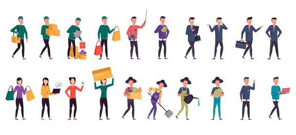 A variety of job bundles for hosting illustration work such as farmer, operator, businessman, shopper, delivery, office staff in a white background. vector illustration flat design - Vettoriali, immagini