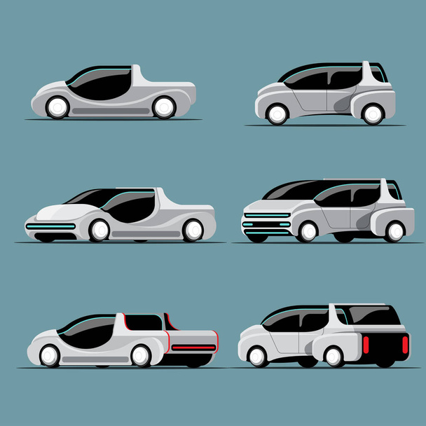 Modern tarzda yüksek teknolojili arabalar, beyaz arkaplan üzerinde farklı renkler ve tasarım, izole vektör illüstrasyonu - Vektör, Görsel