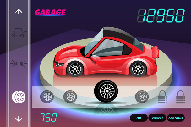 Carro jogo de corrida no menu de exibição juning para melhorar o desempenho do carro do jogador do jogo. O jogador pode atualizar o motor, a potência, a durabilidade, a velocidade, a beleza, a roda, o pneu e todas as peças do carro. Vector estilo 3d - Vetor, Imagem