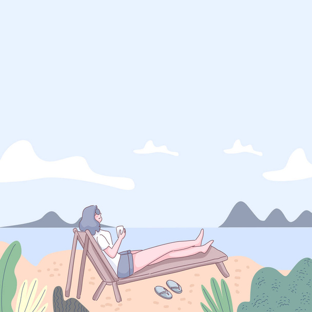 fiatal nő napfürdők a tengerparton, nyaralás nyaralás nyaralás tengerparton, trópusi tenyér és homok rajzfilm karakter, lapos vektor illusztráció - Vektor, kép