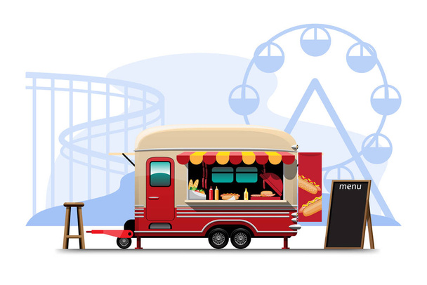 A vista lateral do caminhão de comida com loja de cachorro-quente, lista de menu e cadeira de madeira, bandeira banner no lado do carro, ilustração vetorial no parque de diversões - Vetor, Imagem