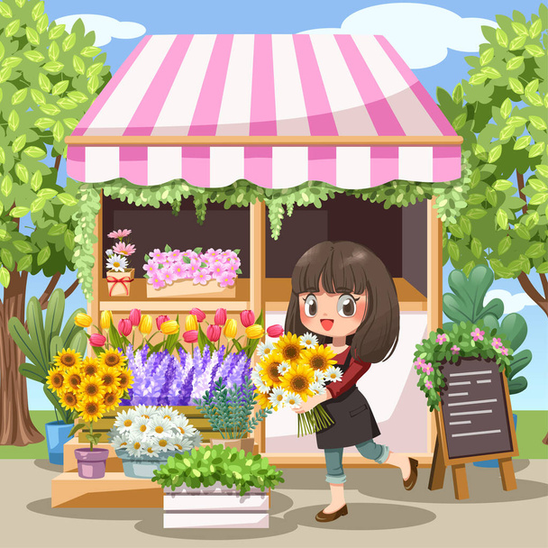 Vrolijke Jonge Vrouw Bloemist in Apron bij bloemenwinkel - Vector, afbeelding