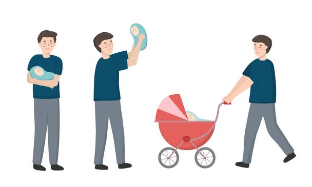 The new father had a daughter. He likes to hold the baby and take the baby in the stroller for a walk. Vector flat illustration - Vektor, kép