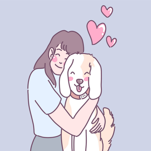 Женщина, которая показывает любовь к собакам, обнимаясь - Вектор,изображение