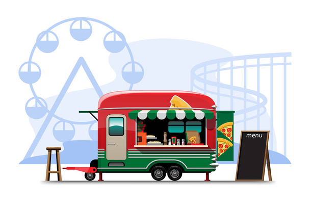 A vista lateral do caminhão de comida com pizzaria, lista de menu e cadeira de madeira, bandeira banner no lado do carro, ilustração vetorial no parque de diversões - Vetor, Imagem