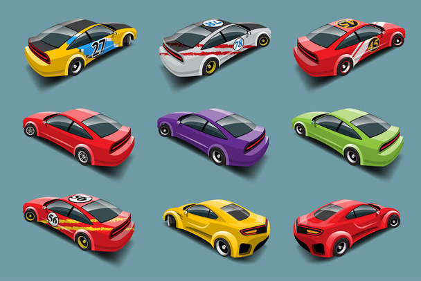 Когда игра начинается игрок может выбрать гоночный автомобиль в библиотеке игр и настроить производительность гоночного автомобиля. Векторная иллюстрация в 3D стиле - Вектор,изображение