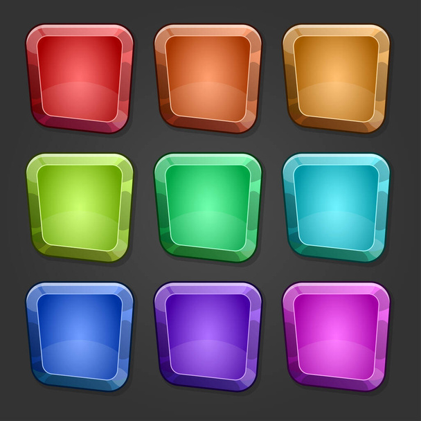 Ensemble de carrés colorés avec dessins animés boutons brillants ensemble avec des versions pressées. actifs pour web ou game design, boutons d'application, modèle d'icônes, illustration vectorielle isolée - Vecteur, image