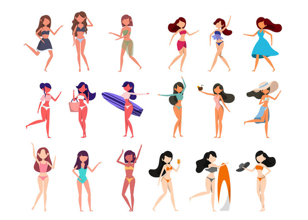 A bundle of 18 female characters in bathing suits and poses in a white background. vector illustration flat desig - ベクター画像