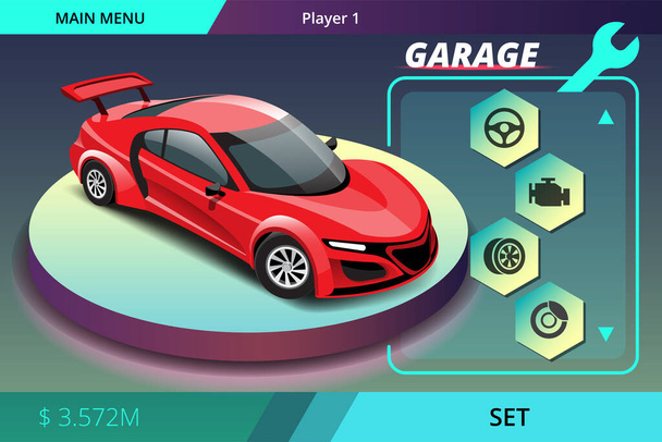 Samochód wyścigowy gra w menu wyświetlania strojenia dla uaktualnienia wydajności samochodu gracza gry. Gracz może uaktualnić silnik, moc, trwałość, prędkość, piękno, koło, opony i dowolne części samochodowe. Ilustracja 3d styl - Wektor, obraz