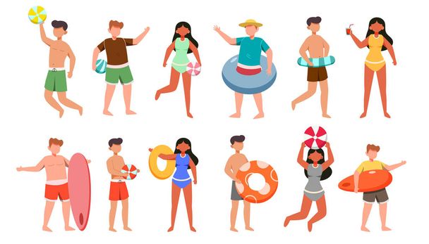 Um pacote de 12 personagens masculinos e femininos em trajes de banho e poses com ativos em um fundo branco. ilustração vetorial design plano - Vetor, Imagem
