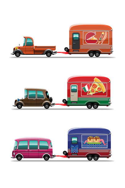 Conjunto de reboque caminhão de alimentos com churrasqueira Bar-B-Q, pizza e tokoyaki loja de comida japonesa, desenho design estilo ilustração vetorial plana no fundo branco - Vetor, Imagem