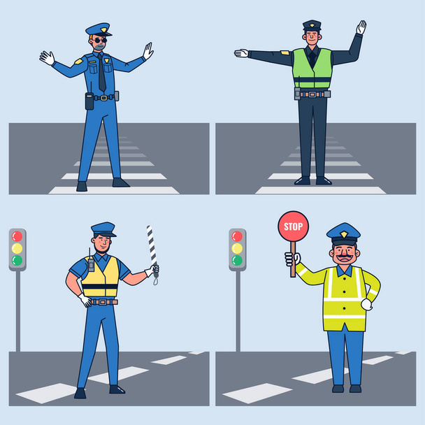 The traffic policeman waved his hand signal at the crosswalk. Road security, traffic control patrol officer. parking controller vector isolated. Vector illustration of a flat design - Vector, Image