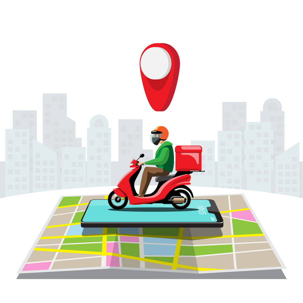 Nagy elszigetelt motorkerékpár vektor színes ikonok, lapos illusztrációk a szállítás motorkerékpárok keresztül GPS nyomkövető hely. szállítási kerékpár, pizza és élelmiszer szállítás, azonnali szállítás, online szállítás. - Vektor, kép