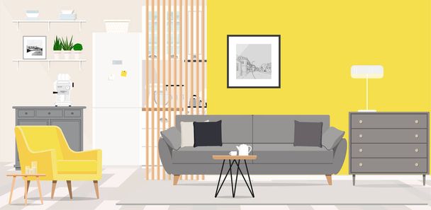 A living room with a yellow wall and a bright armchair connected to the kitchen. - Vector, afbeelding