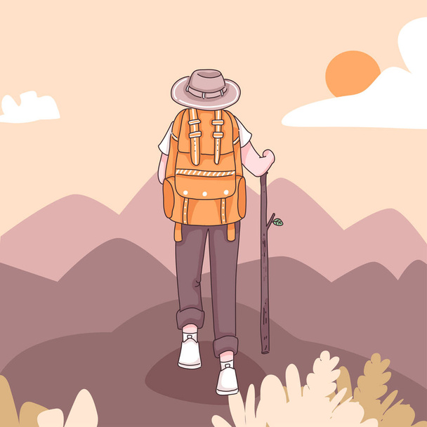 De achterkant van adventure man met rugzak om te wandelen en klimmen in cartoon karakter, platte vector illustratie - Vector, afbeelding