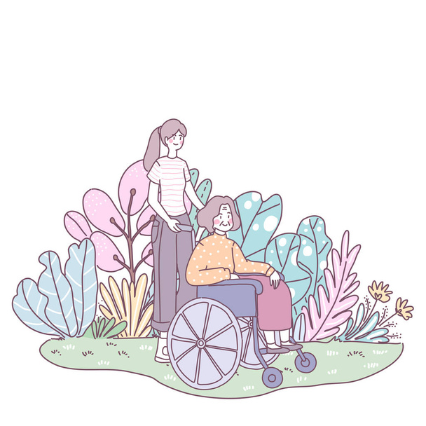 Daughter takes mother to sit Wilshere. Go for a walk on the lawn - Vector, Image