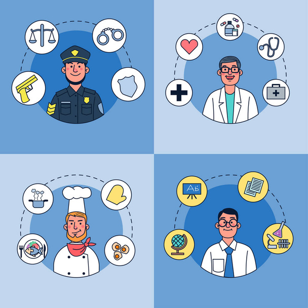 Cartoon Character design. Various of people different professions job and occupations character with gear of carriers police, doctor, chef, teacher. Vector flat illustration - Vector, Image