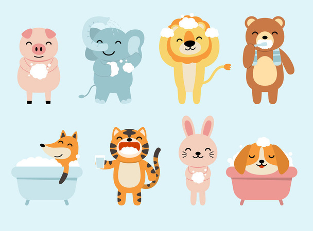 Big set of isolated animals. Vector collection of activity, bathing, funny animals. Cute animals: cat, rabbit, fox, dog, lion, elephant, pig, bear in cartoon style.  - Vector, Image