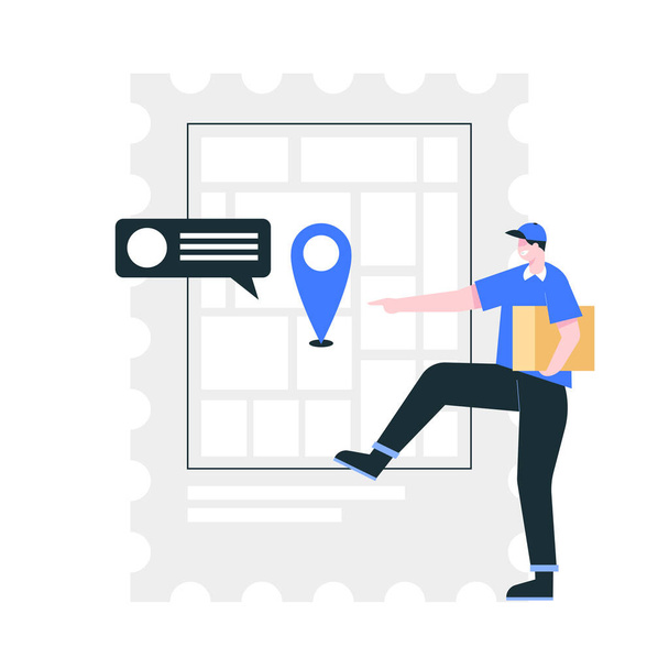 El mensajero toma la ubicación del cliente para entregar el producto en el lugar donde vive el cliente. ilustración vectorial diseño plano - Vector, imagen
