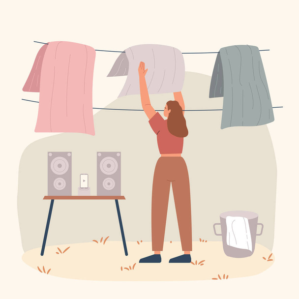 Young woman taking clothes from bucket & hanging wet clothes out to dry concept vector flat illustration. - Vector, imagen