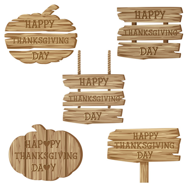 Κείμενο Ευτυχισμένη Ημέρα Ευχαριστιών με ποικιλία ξύλινων πινακίδων - Διάνυσμα, εικόνα
