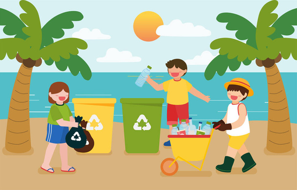 I bambini aiutano a raccogliere bottiglie di plastica nei bidoni di riciclaggio sulla spiaggia per una felice giornata sulla terra nel personaggio dei cartoni animati, illustrazione vettoriale in stile piatto - Vettoriali, immagini