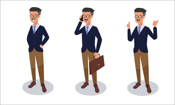 Set of Senior business man in difference pose in cartoon character, vector illustration - Vector, Image