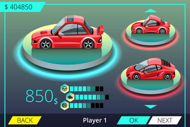 Auton ajopeli näyttövalikossa viritys päivittää suorituskykyä auton pelin pelaaja. Pelaaja voi päivittää moottorin, tehon, kestävyyden, nopeuden, kauneuden, pyörän, renkaan ja minkä tahansa auton osat. kuva 3d tyyli - Vektori, kuva