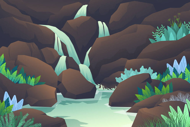 Paysage naturel avec cascade de roches de montagne vecteur - Vecteur, image