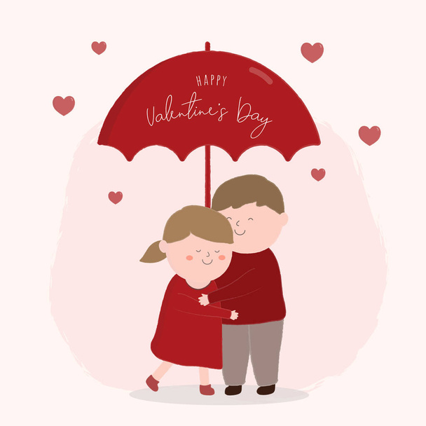 Happy Valentinstag Festival-Konzept mit winzigem Charakter. Liebendes Paar hält Regenschirm unter regnerischen Herzen und Liebe Emotionen flache Vektorillustration. - Vektor, Bild