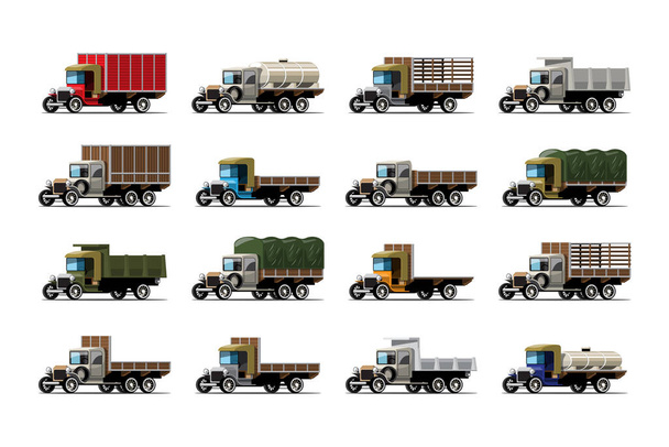 Tizenkét teherautó és tartály készlet, különbözõ antik kialakítással fehér háttéren, elszigetelt vektor illusztráció - Vektor, kép