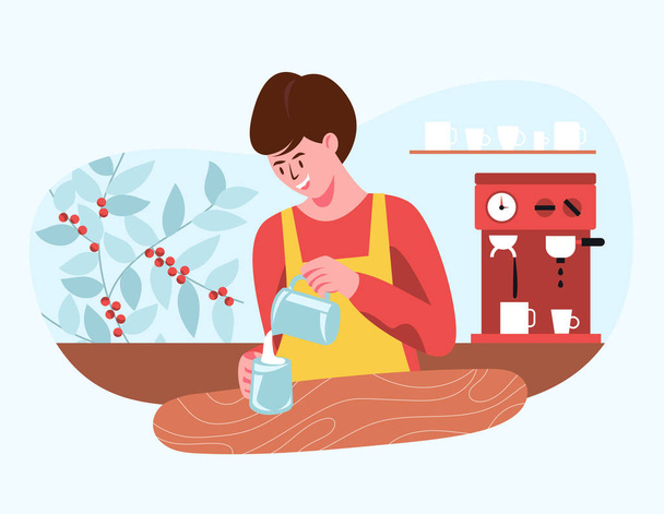 Barista preparing coffee lattes for customers who come to buy coffee.  - Vector, Image