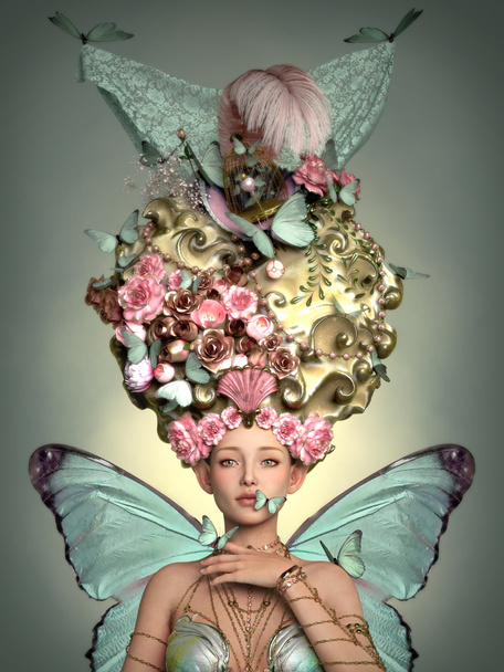 3d gráficos por computadora de una dama con un tocado rococó y mariposas - Foto, imagen